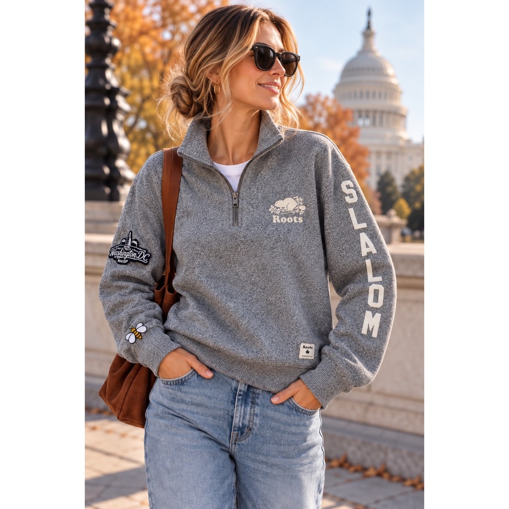 Roots Slalom Quarter Zip Sweatshirt Grey Washington DC Patch Mens Large